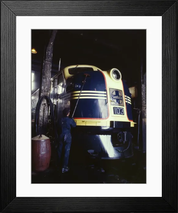 Framed Print : Washing one of the Santa Fe R.R. 54 hundred horse power diesel freight... Argentine, Kansas, 1943. Creator: Jack Delano Framed Print : Washing one of the Santa Fe R.R. 54 hundred horse power diesel freight... Argentine, Kansas, 1943. Creator: Jack Delano