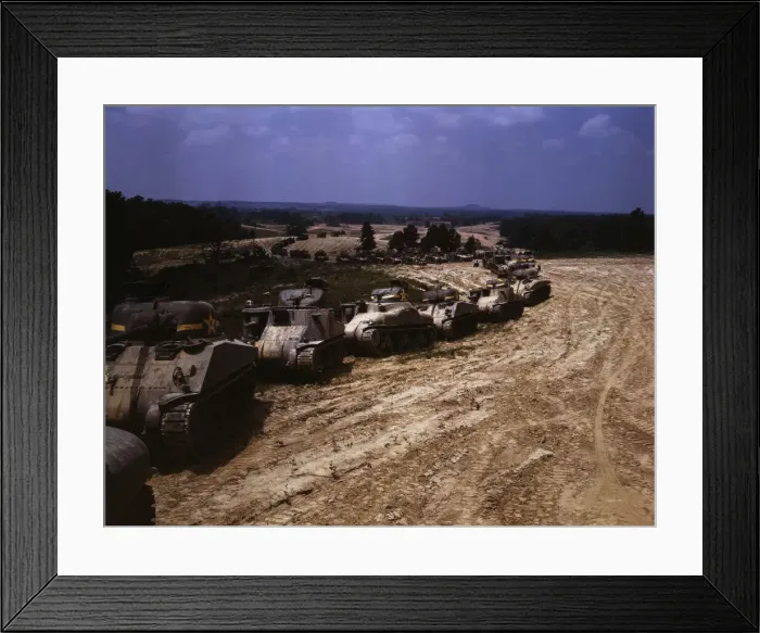 Framed Print : Parade of M-4 (General Sherman) and M-3 (General Grant) tanks in training... Ft. Knox, Ky. 1942. Creator: Alfred T Palmer Framed Print : Parade of M-4 (General Sherman) and M-3 (General Grant) tanks in training... Ft. Knox, Ky. 1942. Creator: Alfred T Palmer