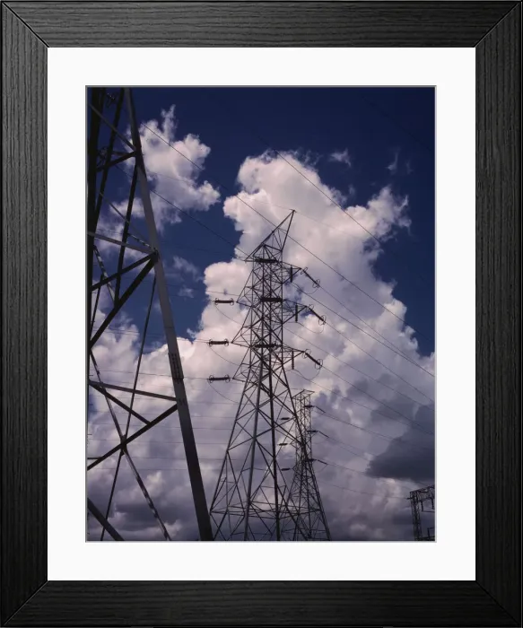 Framed Print : Transmission towers in the switchyard of TVAs Chickamauga Dam, near Chattanooga, Tenn. 1942. Creator: Alfred T Palmer Framed Print : Transmission towers in the switchyard of TVAs Chickamauga Dam, near Chattanooga, Tenn. 1942. Creator: Alfred T Palmer