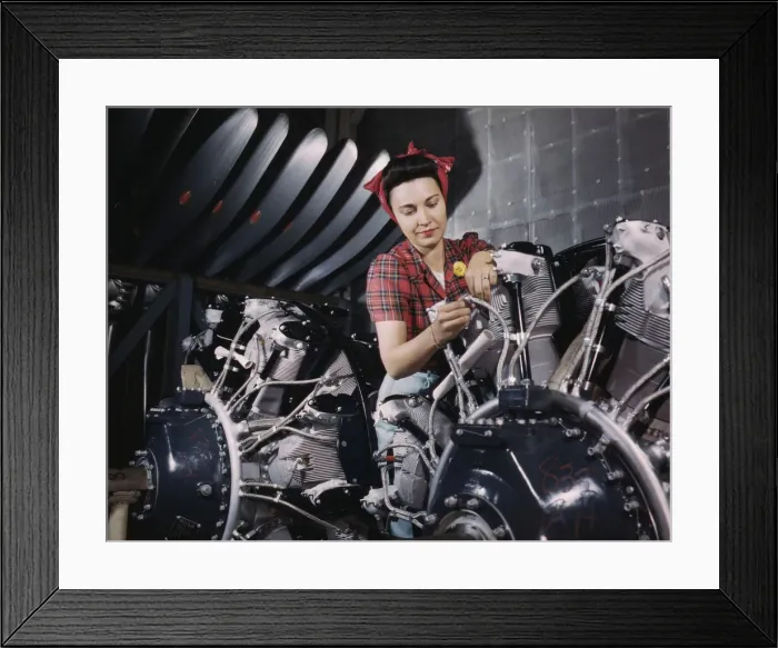 Framed Print : Woman working on an airplane motor at North American Aviation, Inc. plant in Calif. 1942. Creator: Alfred T Palmer Framed Print : Woman working on an airplane motor at North American Aviation, Inc. plant in Calif. 1942. Creator: Alfred T Palmer