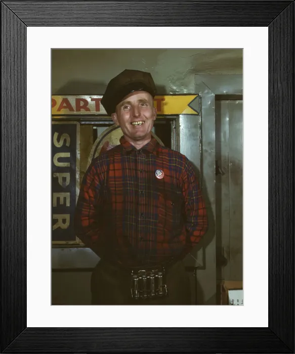 Framed Print : Garage mechanic near Newark, N. J. Badge denotes member of Office of Defense Transportation, 1943. Creator: Marjory Collins Framed Print : Garage mechanic near Newark, N. J. Badge denotes member of Office of Defense Transportation, 1943. Creator: Marjory Collins