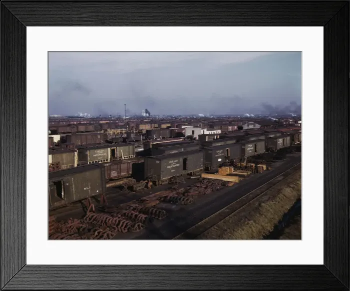 Framed Print : Freight cars being maneuvered in a Chicago and North Western railroad yard, Chicago, Ill. 1942. Creator: Jack Delano Framed Print : Freight cars being maneuvered in a Chicago and North Western railroad yard, Chicago, Ill. 1942. Creator: Jack Delano