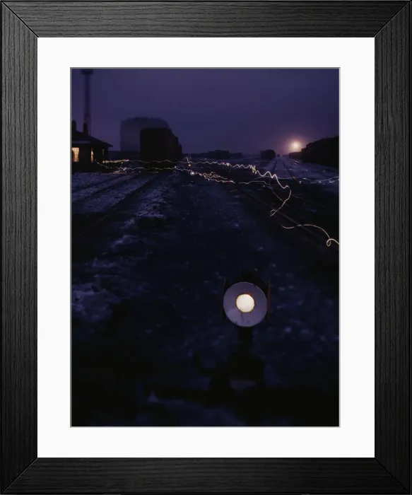 Framed Print : View in a departure yard at C & NW RRs Proviso (?) yard at twilight, Chicago, Ill. 1942. Creator: Jack Delano Framed Print : View in a departure yard at C & NW RRs Proviso (?) yard at twilight, Chicago, Ill. 1942. Creator: Jack Delano