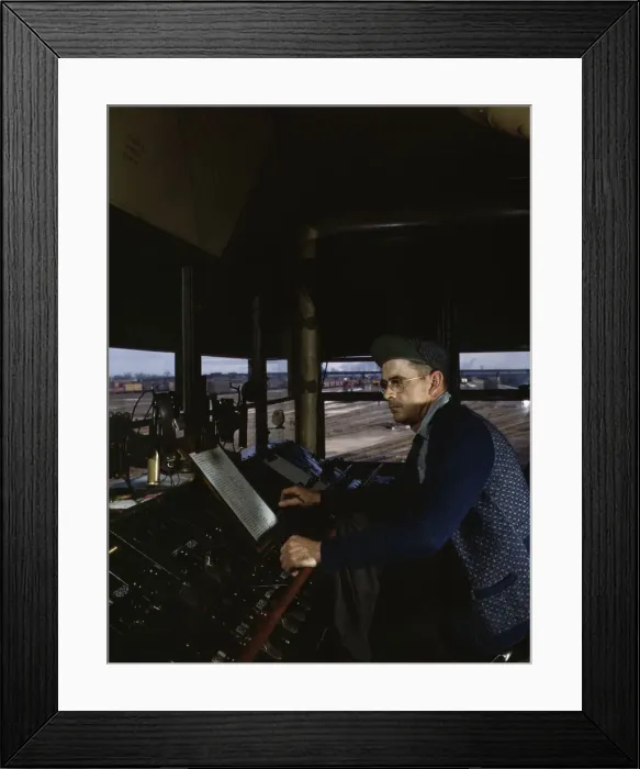 Framed Print : C&NWRR towerman R. W. Mayberry of Elmhurst, Ill. at the Proviso yard, Melrose Park, Ill. 1943. Creator: Jack Delano Framed Print : C&NWRR towerman R. W. Mayberry of Elmhurst, Ill. at the Proviso yard, Melrose Park, Ill. 1943. Creator: Jack Delano