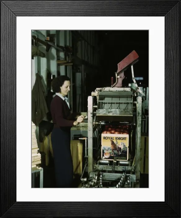 Framed Print : Operating a machine for putting tops on crates, co-op orange packing plant, Redlands, Calif. 1943. Creator: Jack Delano Framed Print : Operating a machine for putting tops on crates, co-op orange packing plant, Redlands, Calif. 1943. Creator: Jack Delano