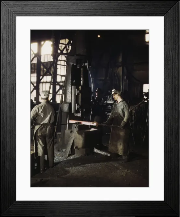 Framed Print : Working with a small steam drop hammer, blacksmith shop, Santa Fe RR shops, Topeka, Kansas, 1943. Creator: Jack Delano Framed Print : Working with a small steam drop hammer, blacksmith shop, Santa Fe RR shops, Topeka, Kansas, 1943. Creator: Jack Delano