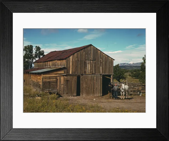 Framed Print : Bill Stagg, homesteader, in front of his barn, Pie Town, New Mexico, 1940. Creator: Russell Lee Framed Print : Bill Stagg, homesteader, in front of his barn, Pie Town, New Mexico, 1940. Creator: Russell Lee