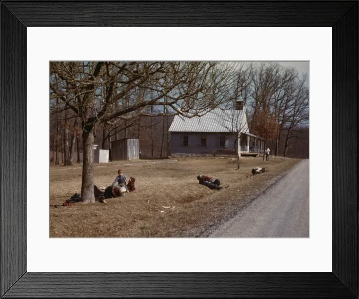 Framed Print : Children playing by road near school house, Kansas?, 1942 or 1943. Creator: John Vachon Framed Print : Children playing by road near school house, Kansas?, 1942 or 1943. Creator: John Vachon