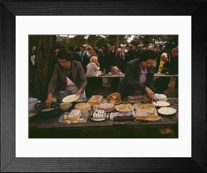 Framed Print : Cutting the pies and cakes at the barbeque dinner, Pie Town, New Mexico Fair, 1940. Creator: Russell Lee Framed Print : Cutting the pies and cakes at the barbeque dinner, Pie Town, New Mexico Fair, 1940. Creator: Russell Lee