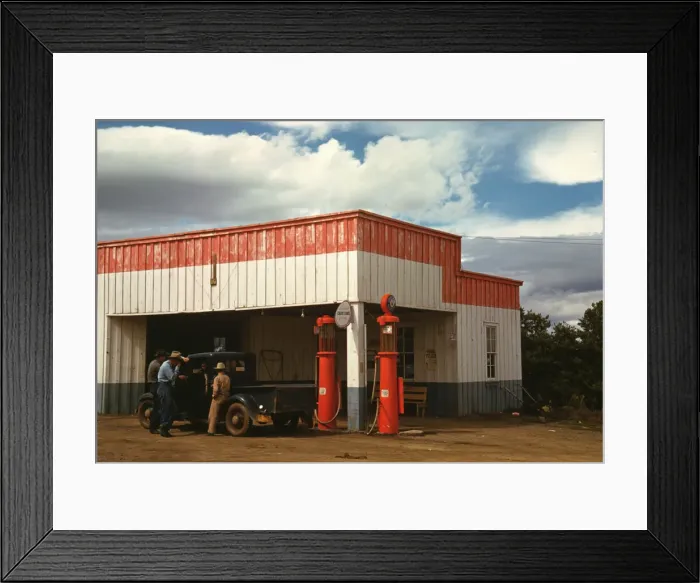 Framed Print : Filling station and garage at Pie Town, New Mexico, 1940. Creator: Russell Lee Framed Print : Filling station and garage at Pie Town, New Mexico, 1940. Creator: Russell Lee