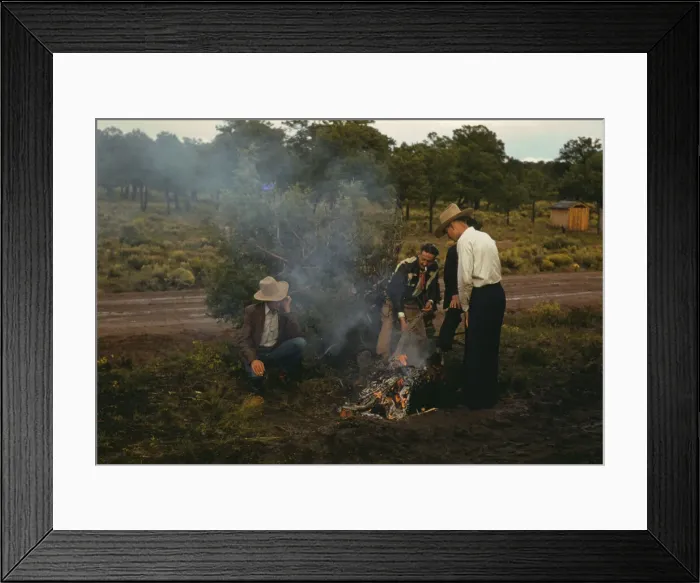Framed Print : Men in front of outdoor fire, Pie Town Fair, New Mexico, 1940. Creator: Russell Lee Framed Print : Men in front of outdoor fire, Pie Town Fair, New Mexico, 1940. Creator: Russell Lee