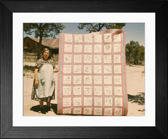 Framed Print : Mrs. Bill Stagg with state quilt that she made, Pie Town, New Mexico. 1940. Creator: Russell Lee Framed Print : Mrs. Bill Stagg with state quilt that she made, Pie Town, New Mexico. 1940. Creator: Russell Lee