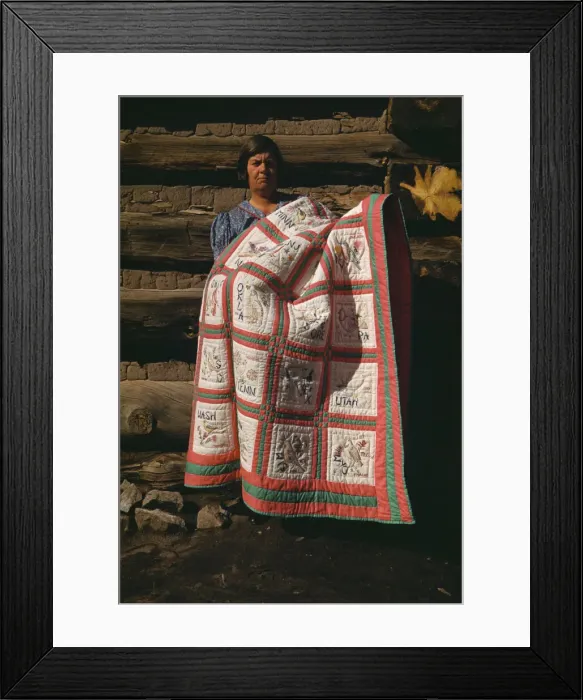 Framed Print : Mrs. Bill Stagg with state quilt which she made, Pie Town, New Mexico, 1940. Creator: Russell Lee Framed Print : Mrs. Bill Stagg with state quilt which she made, Pie Town, New Mexico, 1940. Creator: Russell Lee