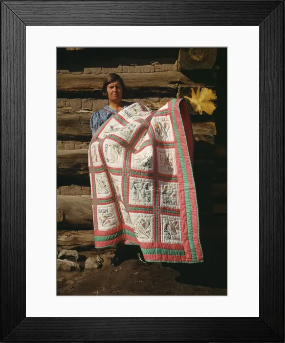 Framed Print : Mrs. Bill Stagg with state quilt, Pie Town, New Mexico, 1940. Creator: Russell Lee Framed Print : Mrs. Bill Stagg with state quilt, Pie Town, New Mexico, 1940. Creator: Russell Lee