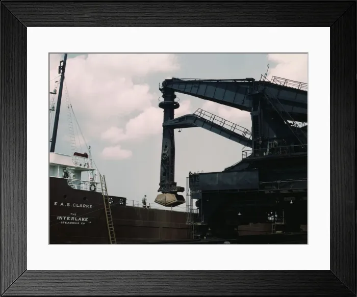 Framed Print : Pennsylvania R.R. ore docks, unloading ore from a lake freighter by means... Cleveland, Ohio, 1943. Creator: Jack Delano Framed Print : Pennsylvania R.R. ore docks, unloading ore from a lake freighter by means... Cleveland, Ohio, 1943. Creator: Jack Delano