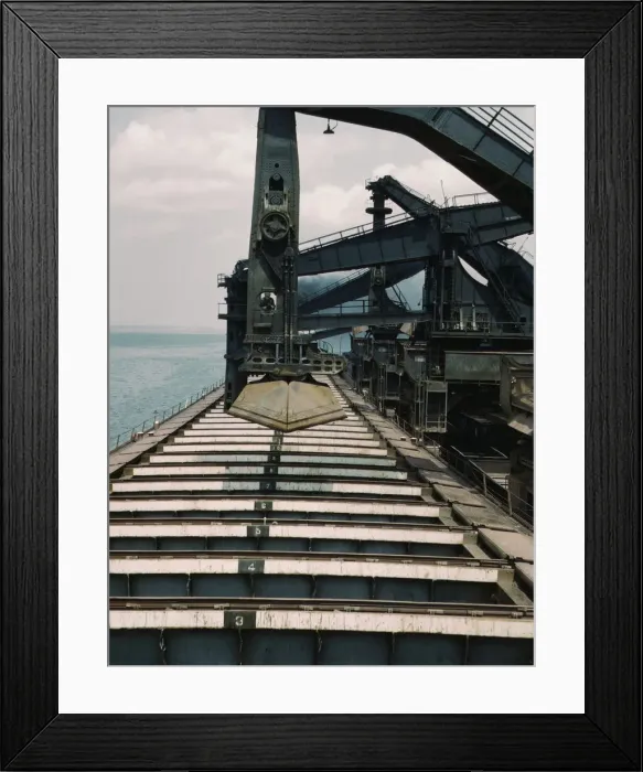 Framed Print : Pennsylvania R.R. iron ore docks, unloading ore from a lake freighter... ore unloaders, 1943. Creator: Jack Delano Framed Print : Pennsylvania R.R. iron ore docks, unloading ore from a lake freighter... ore unloaders, 1943. Creator: Jack Delano