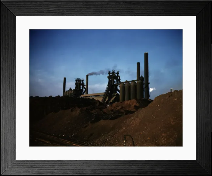 Framed Print : Iron ore piles and blast furnaces, Carnegie-Illinois Steel Corporation mill, Etna, Pa. 1941. Creator: Alfred T Palmer Framed Print : Iron ore piles and blast furnaces, Carnegie-Illinois Steel Corporation mill, Etna, Pa. 1941. Creator: Alfred T Palmer