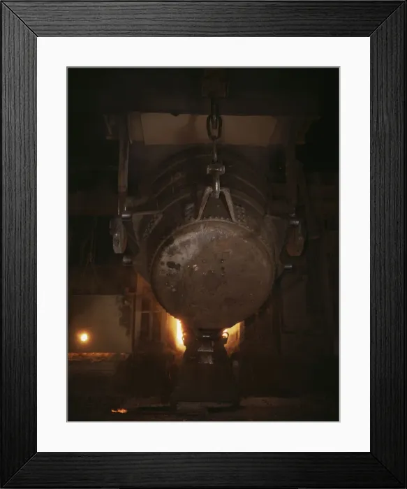 Framed Print : Ladle of molten iron is poured into... Allegheny Ludlum Steele Corp. Brackenridge, Pa. (1941?). Creator: Alfred T Palmer Framed Print : Ladle of molten iron is poured into... Allegheny Ludlum Steele Corp. Brackenridge, Pa. (1941?). Creator: Alfred T Palmer