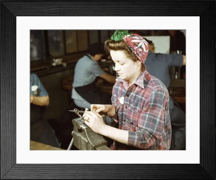 Framed Print : One of the girls of Vilter [Manufacturing] Co. filing small gun parts, Milwaukee, Wisc. 1943. Creator: Howard Hollem