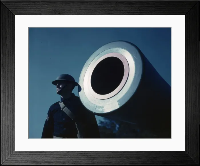 Framed Print : 16-inch coast artillery gun stamped Watervliet Arsenal 1921, Ft. Story, Va. 1942. Creator: Alfred T Palmer Framed Print : 16-inch coast artillery gun stamped Watervliet Arsenal 1921, Ft. Story, Va. 1942. Creator: Alfred T Palmer