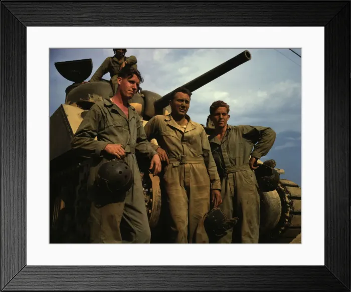 Framed Print : Tank crew standing in front of an M-4 tank, Ft. Knox, Ky. 1942. Creator: Alfred T Palmer Framed Print : Tank crew standing in front of an M-4 tank, Ft. Knox, Ky. 1942. Creator: Alfred T Palmer