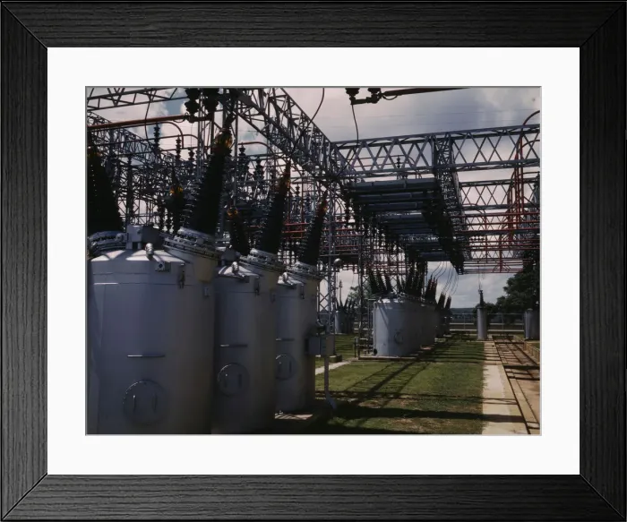Framed Print : Switch yard at TVAs Wilson Dam hydroelectric plant, vicinity of Sheffield, Ala. 1942. Creator: Alfred T Palmer Framed Print : Switch yard at TVAs Wilson Dam hydroelectric plant, vicinity of Sheffield, Ala. 1942. Creator: Alfred T Palmer