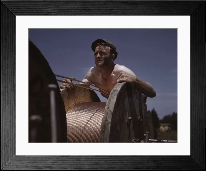 Framed Print : This husky member of a construction crew building a new 33, 000-volt electric... Ft. Knox, Ky. 1942 Creator: Alfred T Palmer Framed Print : This husky member of a construction crew building a new 33, 000-volt electric... Ft. Knox, Ky. 1942 Creator: Alfred T Palmer