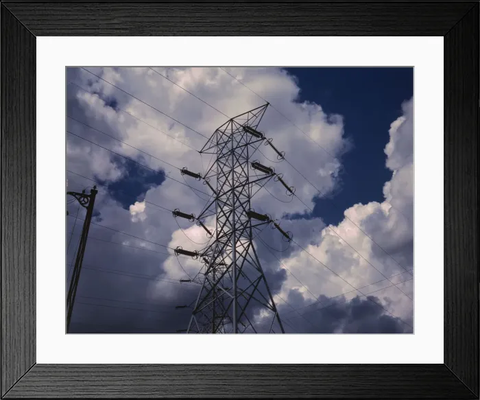 Framed Print : Transmission towers in the switchyard of TVAs Chickamauga Dam, near Chattanooga, Tenn. 1942. Creator: Alfred T Palmer Framed Print : Transmission towers in the switchyard of TVAs Chickamauga Dam, near Chattanooga, Tenn. 1942. Creator: Alfred T Palmer