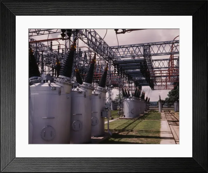 Framed Print : Switchyard at TVAs Wilson Dam hydroelectric plant, vicinity of Sheffield, Ala, 1942. Creator: Alfred T Palmer Framed Print : Switchyard at TVAs Wilson Dam hydroelectric plant, vicinity of Sheffield, Ala, 1942. Creator: Alfred T Palmer