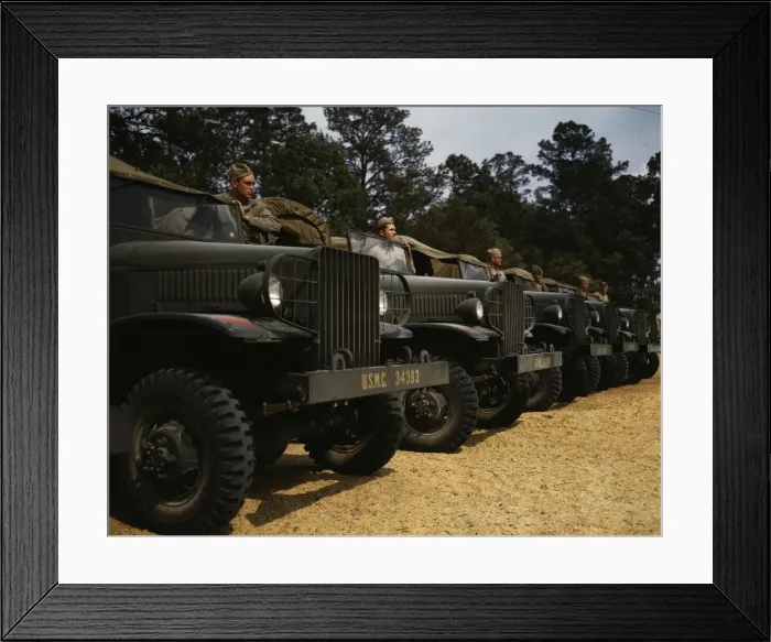 Framed Print : Marine motor detachment, New River, Jacksonville, North Carolina. 1942. Creator: Alfred T Palmer Framed Print : Marine motor detachment, New River, Jacksonville, North Carolina. 1942. Creator: Alfred T Palmer