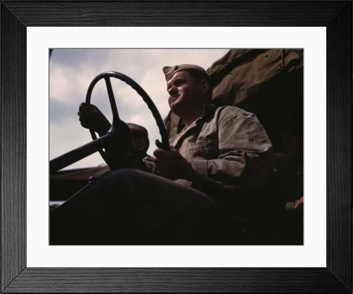 Framed Print : Driver of Marine truck at New River, N. C. 1942. Creator: Alfred T Palmer Framed Print : Driver of Marine truck at New River, N. C. 1942. Creator: Alfred T Palmer