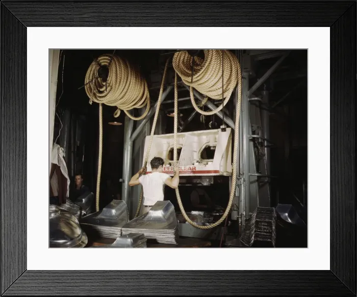 Framed Print : Huge drop hammers work day and night form... North American Aviation, Inc. Inglewood, Calif. 1942. Creator: Alfred T Palmer Framed Print : Huge drop hammers work day and night form... North American Aviation, Inc. Inglewood, Calif. 1942. Creator: Alfred T Palmer