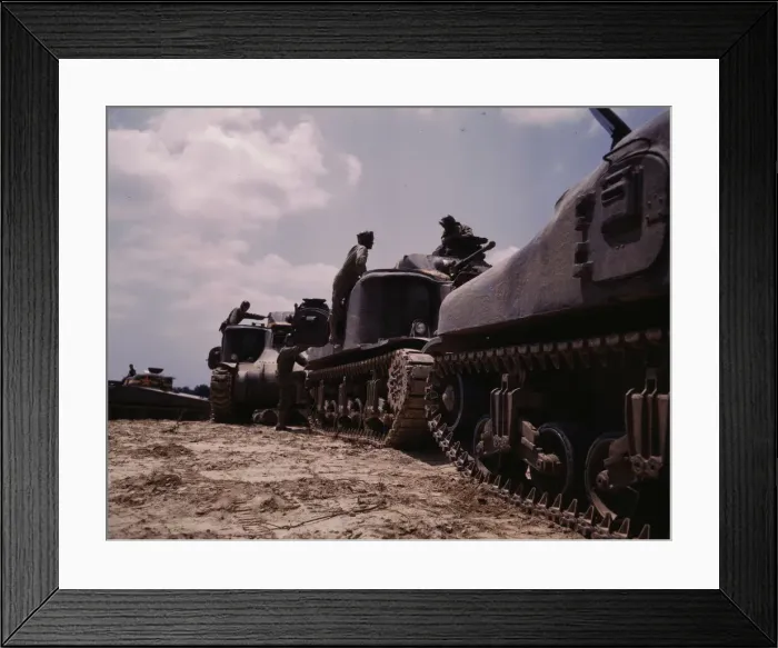 Framed Print : M-3 and M4 tank company at bivouac, Ft. Knox, Ky. 1942. Creator: Alfred T Palmer Framed Print : M-3 and M4 tank company at bivouac, Ft. Knox, Ky. 1942. Creator: Alfred T Palmer