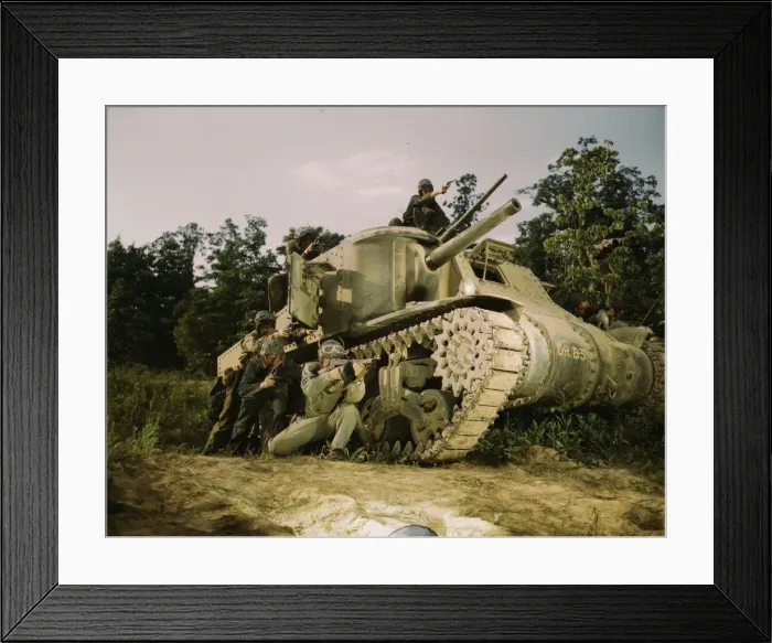 Framed Print : M-3 tank and crew using small arms, Ft. Knox, Ky. 1942. Creator: Alfred T Palmer Framed Print : M-3 tank and crew using small arms, Ft. Knox, Ky. 1942. Creator: Alfred T Palmer