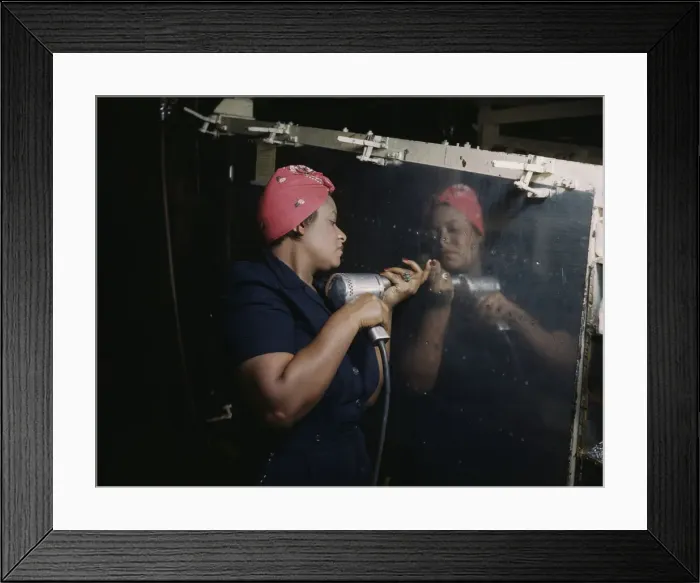 Framed Print : Operating a hand drill at Vultee-Nashville... working on a Vengeance'dive bomber, Tennessee, 1943. Creator: Alfred T Palmer Framed Print : Operating a hand drill at Vultee-Nashville... working on a Vengeance'dive bomber, Tennessee, 1943. Creator: Alfred T Palmer