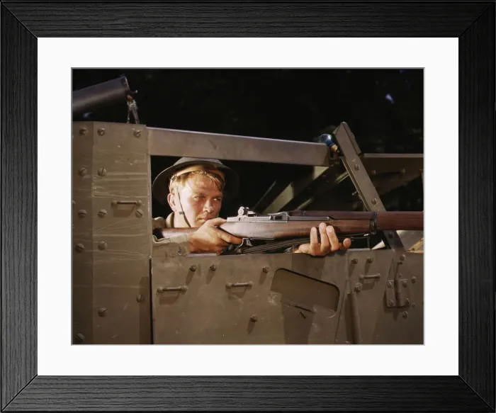 Framed Print : Halftrack infantryman with Garand rifle, Ft. Knox, Ky. 1942. Creator: Alfred T Palmer Framed Print : Halftrack infantryman with Garand rifle, Ft. Knox, Ky. 1942. Creator: Alfred T Palmer