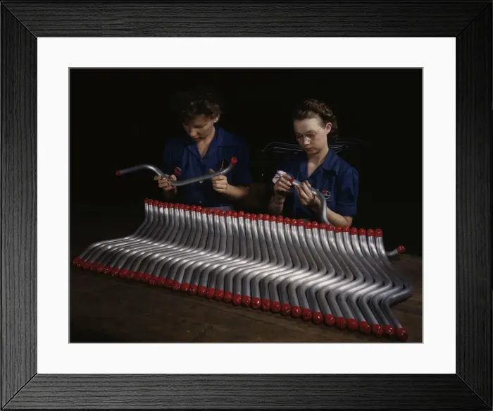 Framed Print : Capping and inspecting tubing: two women are shown... at Vultees Nashville division, Tennessee, 1943 Creator: Alfred T Palmer Framed Print : Capping and inspecting tubing: two women are shown... at Vultees Nashville division, Tennessee, 1943 Creator: Alfred T Palmer