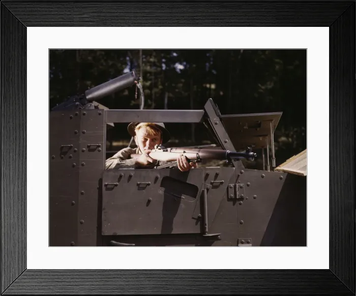 Framed Print : Halftrack infantryman with Garand rifle, Ft. Knox, Ky. 1942. Creator: Alfred T Palmer Framed Print : Halftrack infantryman with Garand rifle, Ft. Knox, Ky. 1942. Creator: Alfred T Palmer