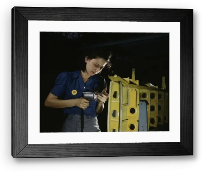 Framed Print : Drilling horizontal stabilizers... this woman worker at Vultee-Nashville... Tennessee, 1943. Creator: Alfred T Palmer Framed Print : Drilling horizontal stabilizers... this woman worker at Vultee-Nashville... Tennessee, 1943. Creator: Alfred T Palmer