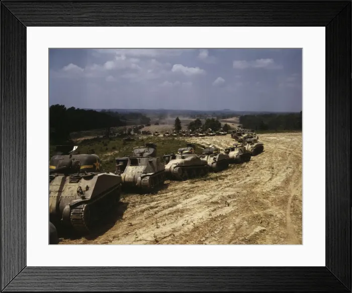 Framed Print : M-4 tank line, Ft. Knox, Ky. 1942. Creator: Alfred T Palmer Framed Print : M-4 tank line, Ft. Knox, Ky. 1942. Creator: Alfred T Palmer