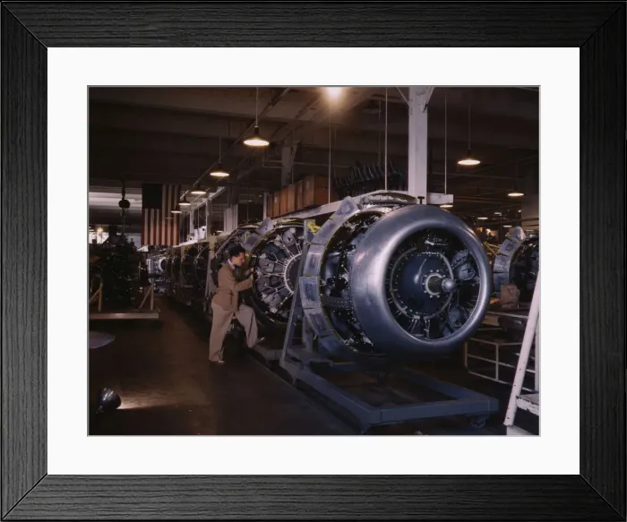 Framed Print : Cowling and control rods are added to motors for... North American Inc. Inglewood, Calif. 1942. Creator: Alfred T Palmer Framed Print : Cowling and control rods are added to motors for... North American Inc. Inglewood, Calif. 1942. Creator: Alfred T Palmer