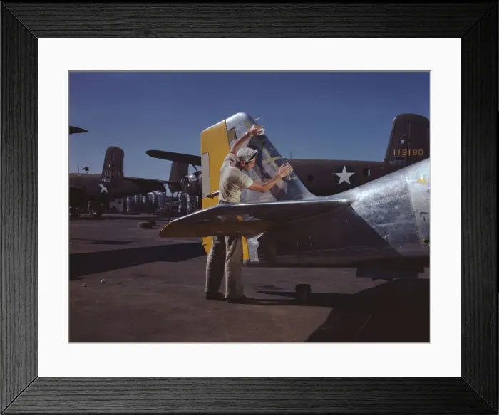 Framed Print : On North Americans outdoor assembly line... North American Aviation, Inc. Inglewood, Calif. 1942 Creator: Alfred T Palmer Framed Print : On North Americans outdoor assembly line... North American Aviation, Inc. Inglewood, Calif. 1942 Creator: Alfred T Palmer