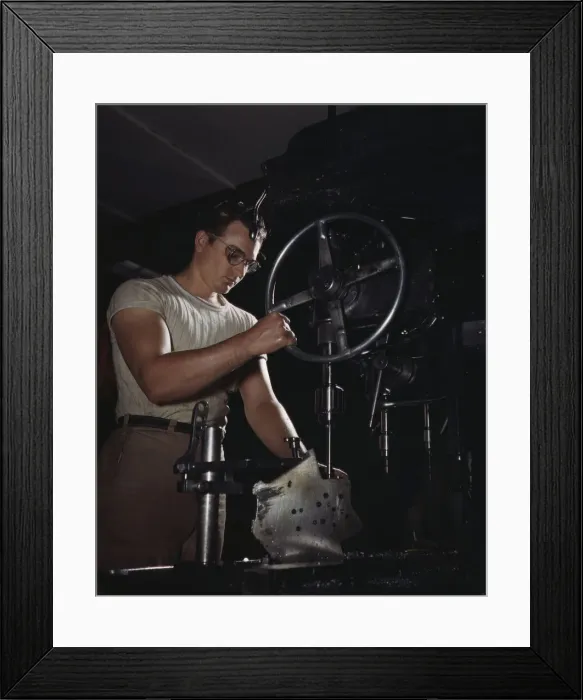 Framed Print : An employee in the drill-press section of North Americans huge machine... Inglewood, Calif. 1942 Creator: Alfred T Palmer Framed Print : An employee in the drill-press section of North Americans huge machine... Inglewood, Calif. 1942 Creator: Alfred T Palmer