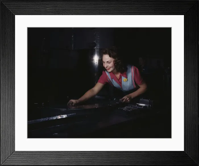 Framed Print : Metal parts are placed on masonite by... North American Aviation, Inc. Inglewood, Calif. 1942. Creator: Alfred T Palmer Framed Print : Metal parts are placed on masonite by... North American Aviation, Inc. Inglewood, Calif. 1942. Creator: Alfred T Palmer