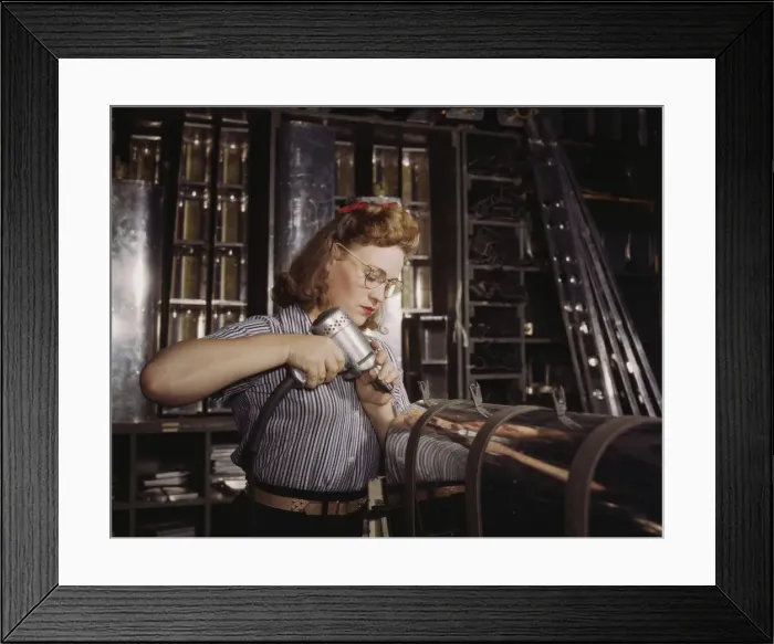 Framed Print : Operating a hand drill at North American Aviation, Inc... Inglewood, Calif. 1942. Creator: Alfred T Palmer Framed Print : Operating a hand drill at North American Aviation, Inc... Inglewood, Calif. 1942. Creator: Alfred T Palmer