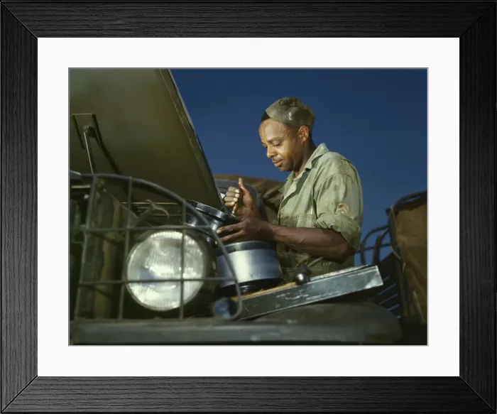 Framed Print : A good job in the air cleaner of an army truck, Fort Knox, Ky. 1942. Creator: Alfred T Palmer Framed Print : A good job in the air cleaner of an army truck, Fort Knox, Ky. 1942. Creator: Alfred T Palmer