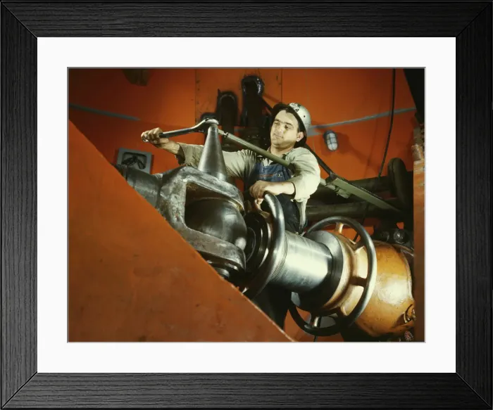 Framed Print : Tightening a nut on a guide vane operating seromotor in TVA s... Watts Bar Dam, Tennessee, 1942. Creator: Alfred T Palmer Framed Print : Tightening a nut on a guide vane operating seromotor in TVA s... Watts Bar Dam, Tennessee, 1942. Creator: Alfred T Palmer