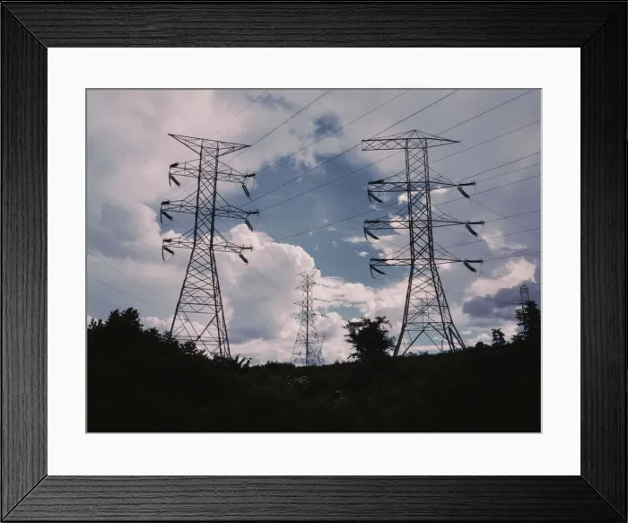 Framed Print : Transmission line towers and high tension lines that... Wilson Dam... near Sheffield, Ala. 1942. Creator: Alfred T Palmer Framed Print : Transmission line towers and high tension lines that... Wilson Dam... near Sheffield, Ala. 1942. Creator: Alfred T Palmer