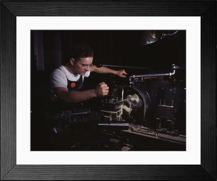 Framed Print : In North Americans modern machine shop... North American Aviation, Inc. Inglewood, Calif. 1942. Creator: Alfred T Palmer Framed Print : In North Americans modern machine shop... North American Aviation, Inc. Inglewood, Calif. 1942. Creator: Alfred T Palmer