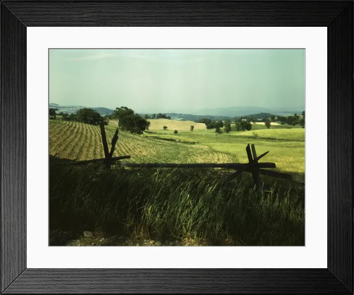 Framed Print : Farmland in the Taconic range, near the Hudson River Valley in New York state, 1943. Creator: John Collier Framed Print : Farmland in the Taconic range, near the Hudson River Valley in New York state, 1943. Creator: John Collier